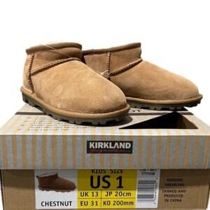 Kirkland Signature Girl’s Boots Shearling Easy Slip on Ankle Brown Size 1 NIB